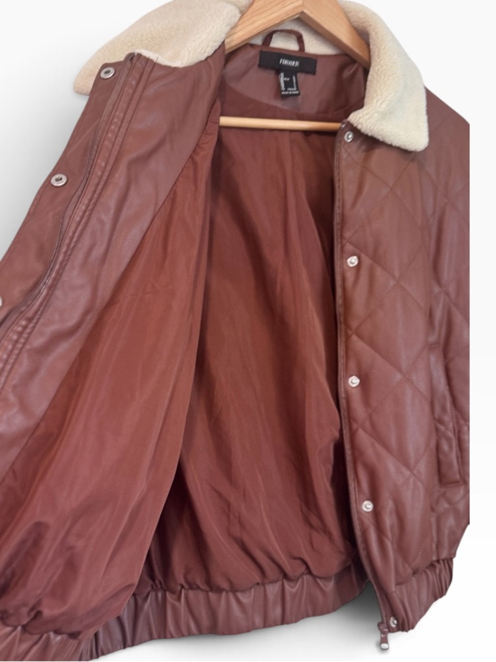 Forever 21 Brown Quilted Faux Leather Bomber Jacket with Sherpa Collar Size Larg - Picture 6 of 9